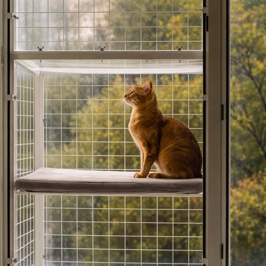 Cat sitting inside a steel BalconyCat window enclosure